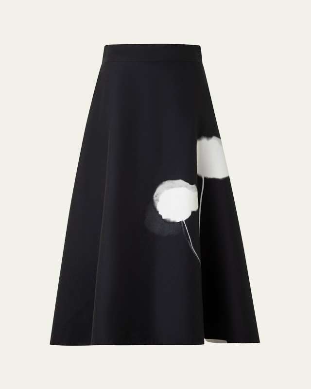 Windflower-Print Cotton Silk A-Line Midi Skirt